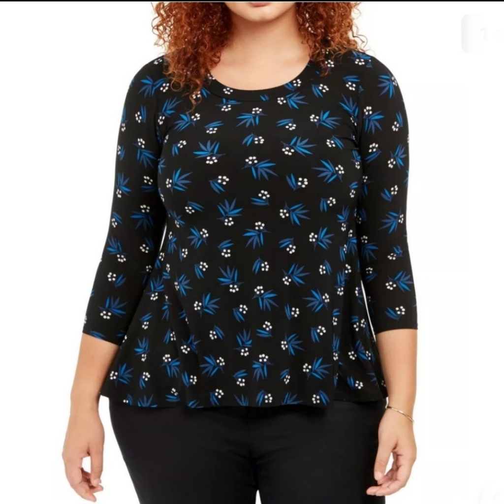 Anne Klein Womens Plus Black Blue Printed Blouse Tunic Topscoop Neck Si